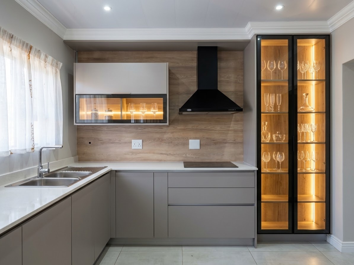 Practical kitchen concept with warm oak cabinetry and an island