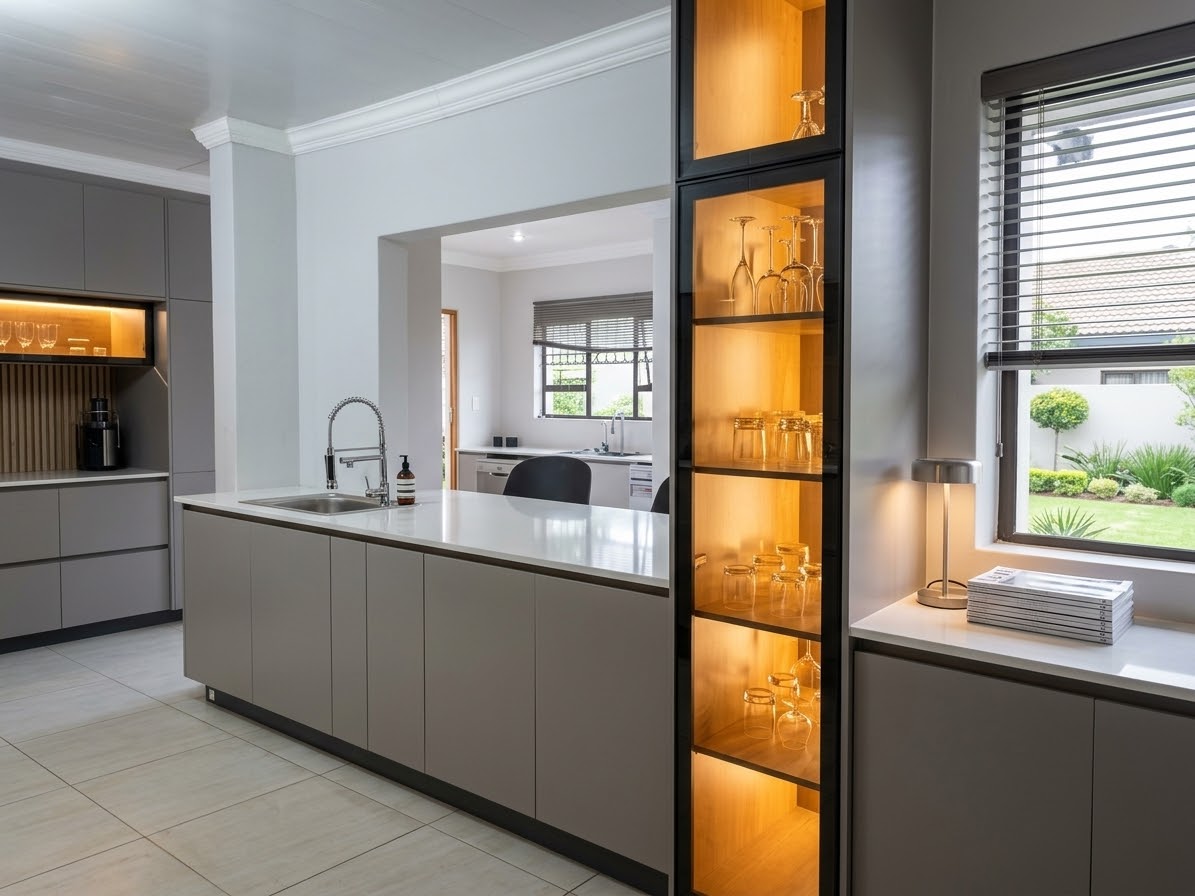Matte Grey Glass Display Kitchen